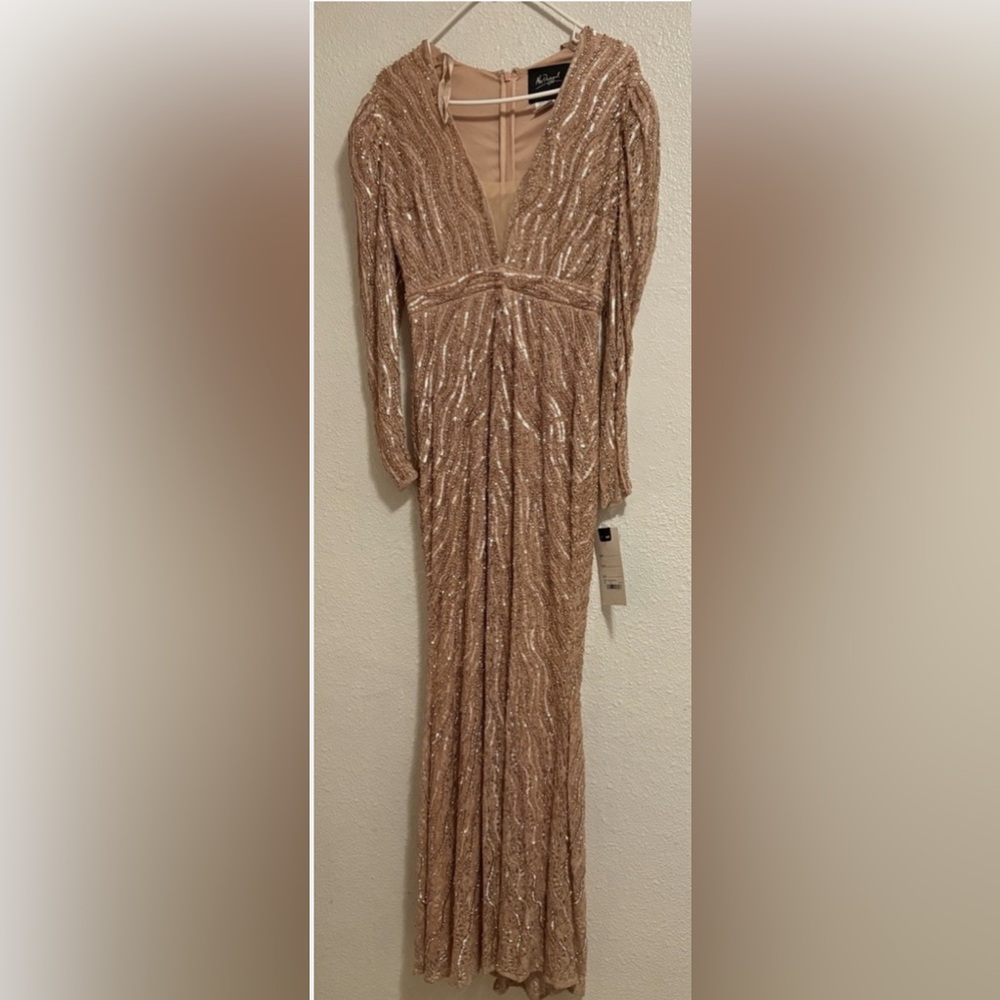 *Mac Duggal Beaded Puff Sleeve Deep Illusion V-neck Gown in Mocha Size 2C - Picture 4 of 8